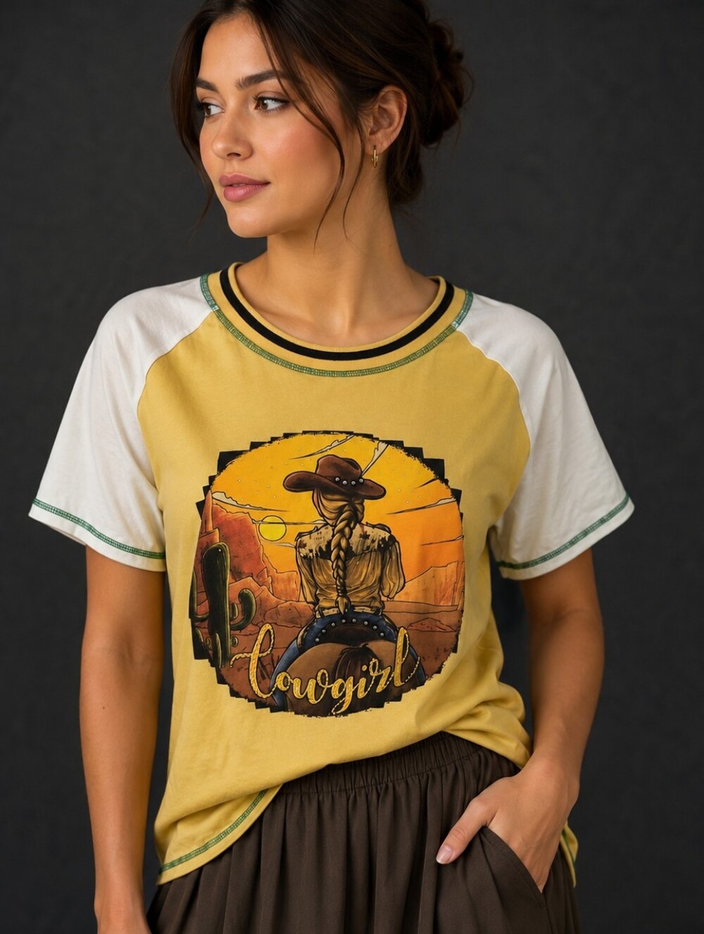 DELILA TEXAS Retro Western Cowgirl Graphic Ringer Tee - Yellow & White